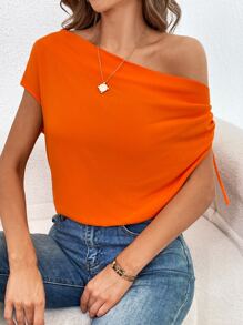 SHEIN Privé 素色側抽繩不對稱領襯衫 - 橘色 - 查看 4