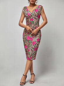 SHEIN Clasi Leopard & Floral Print Bodycon Dress - Multicolor - View 4