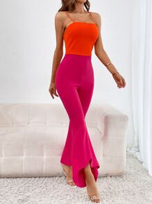 SHEIN Privé 雙色喇叭吊帶連體褲 - 彩色 - 查看 4