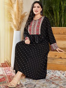 Al Najma Plus Polka Dot Modest Long Sleeve Dress Kaftan Jalabiya Dress - Black - View 1