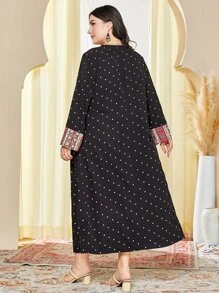 Al Najma Plus Polka Dot Modest Long Sleeve Dress Kaftan Jalabiya Dress - Black - View 2