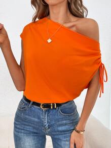 SHEIN Privé 素色側抽繩不對稱領襯衫 - 橘色 - 查看 3