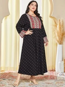 Al Najma Plus Polka Dot Modest Long Sleeve Dress Kaftan Jalabiya Dress - Black - View 3