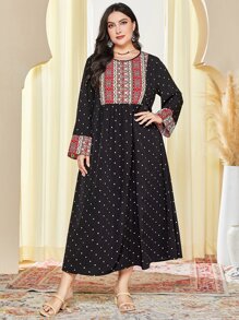 Al Najma Plus Polka Dot Modest Long Sleeve Dress Kaftan Jalabiya Dress - Black - View 4