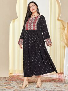 Al Najma Plus Polka Dot Modest Long Sleeve Dress Kaftan Jalabiya Dress - Black - View 5