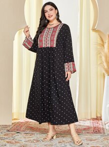 Al Najma Plus Polka Dot Modest Long Sleeve Dress Kaftan Jalabiya Dress - Black - View 6