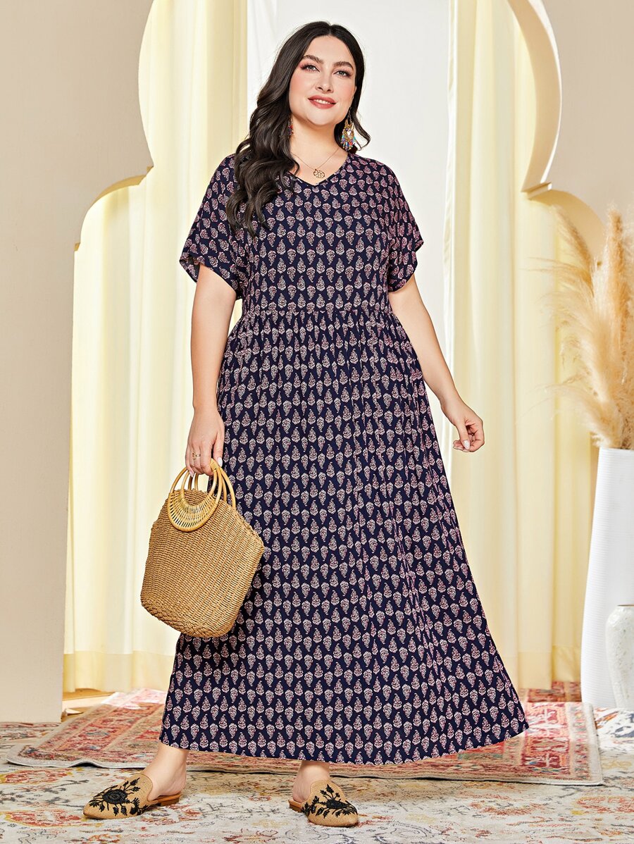 Seusyu Plus Allover Print Batwing Sleeve Smock Dress - Multicolor - View 1