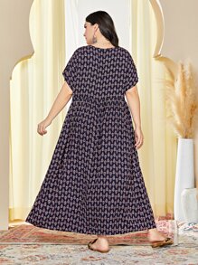 Seusyu Plus Allover Print Batwing Sleeve Smock Dress - Multicolor - View 2