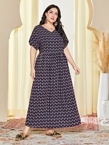 Seusyu Plus Allover Print Batwing Sleeve Smock Dress - Multicolor - View 3