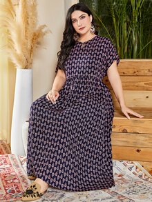 Seusyu Plus Allover Print Batwing Sleeve Smock Dress - Multicolor - View 5