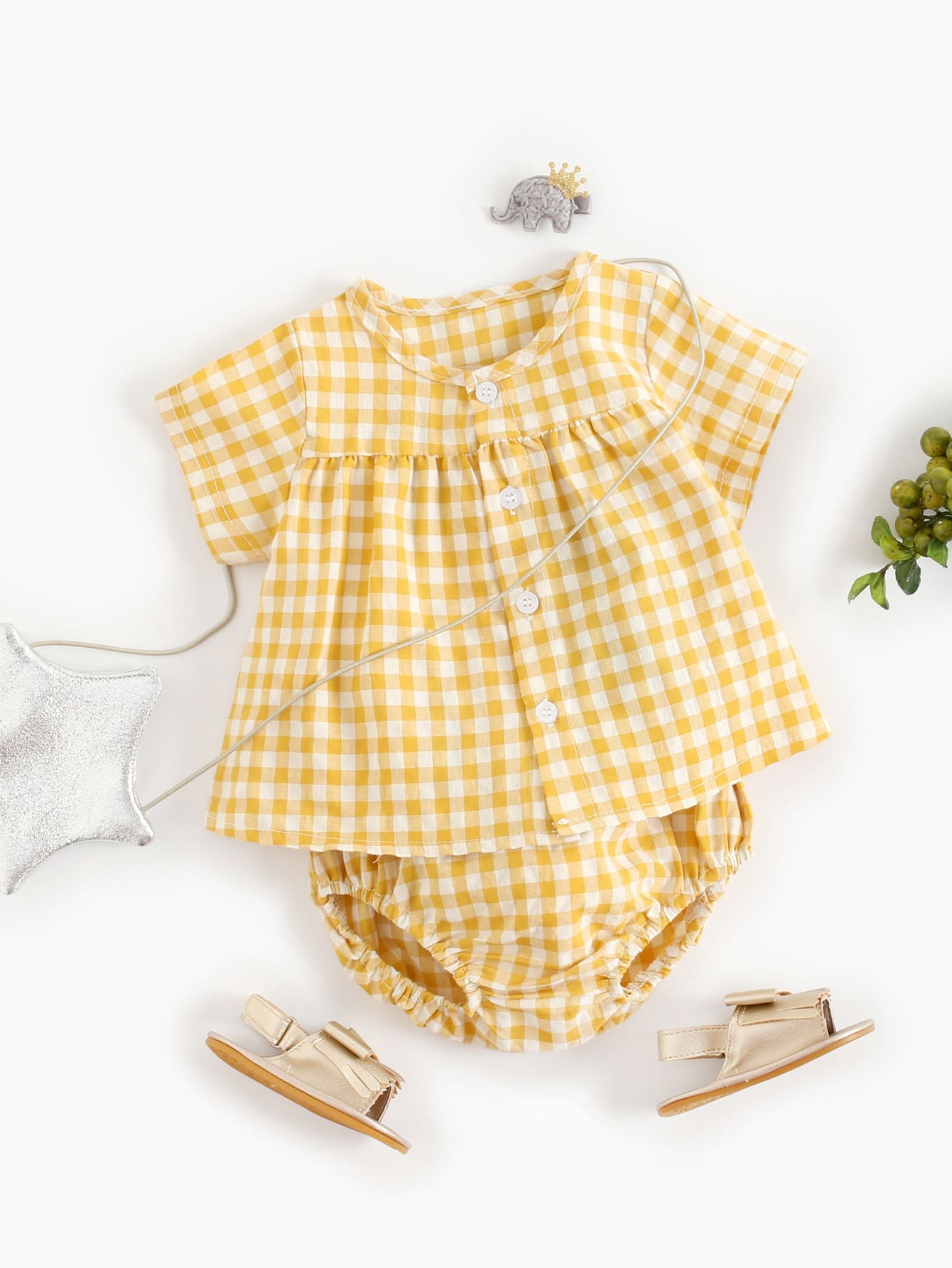 Conjunto de 2 piezas de pantalones cortos informales de manga corta con parte delantera abierta para niña bebé, conjunto de pantalones cortos triangulares para vacaciones de verano en la playa - Amarillo - Ver 1