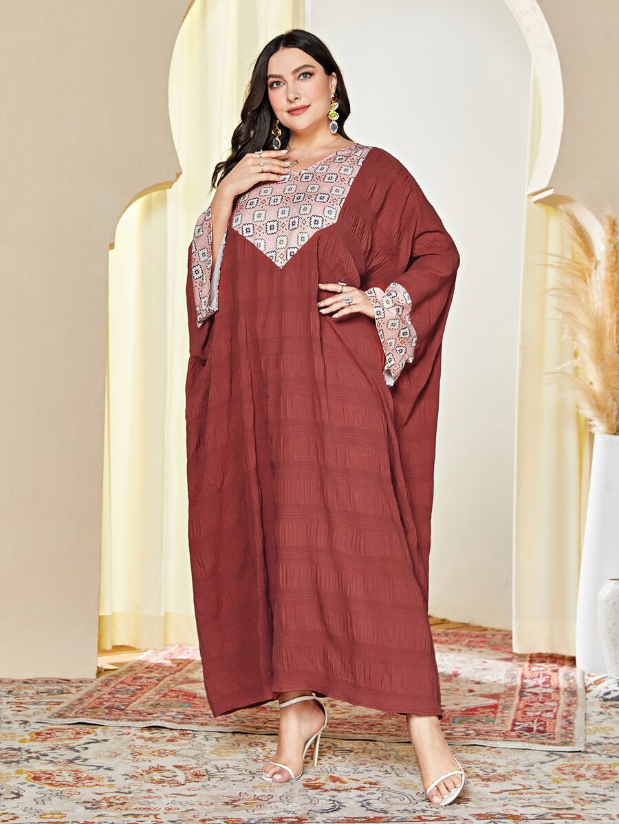 Al Najma Plus Geo Print Batwing Sleeve Dress - Pink - View 1