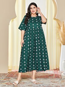 Mulvari Plus Allover Print Smock Dress - Dark Green - View 1