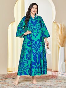 Al Najma Plus Floral Print Flounce Sleeve Modest Dress Kaftan Jalabiya Dress - Green - View 1