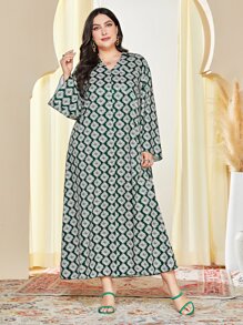 Al Najma Plus Allover Print Bell Sleeve Dress - Dark Green - View 1