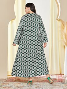 Al Najma Plus Allover Print Bell Sleeve Dress - Dark Green - View 2