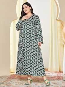 Al Najma Plus Allover Print Bell Sleeve Dress - Dark Green - View 3