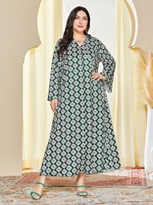 Al Najma Plus Allover Print Bell Sleeve Dress - Dark Green - View 6