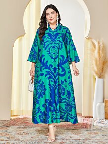 Al Najma Plus Floral Print Flounce Sleeve Modest Dress Kaftan Jalabiya Dress - Green - View 3