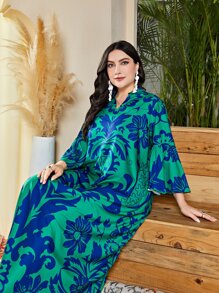 Al Najma Plus Floral Print Flounce Sleeve Modest Dress Kaftan Jalabiya Dress - Green - View 4