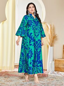 Al Najma Plus Floral Print Flounce Sleeve Modest Dress Kaftan Jalabiya Dress - Green - View 5