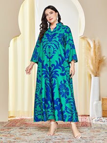 Al Najma Plus Floral Print Flounce Sleeve Modest Dress Kaftan Jalabiya Dress - Green - View 6