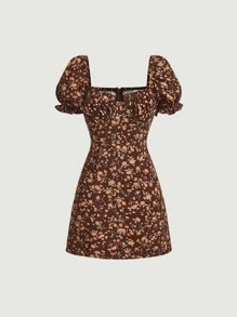 SHEIN MOD Floral Print Sweetheart Neck Puff Sleeve Dress - Multicolor - View 1
