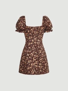 SHEIN MOD Floral Print Sweetheart Neck Puff Sleeve Dress - Multicolor - View 2
