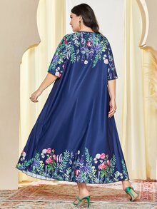 Al Najma Plus Floral Print Pleated Detail Dress - Blue - View 2
