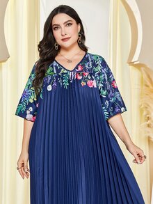 Al Najma Plus Floral Print Pleated Detail Dress - Blue - View 3