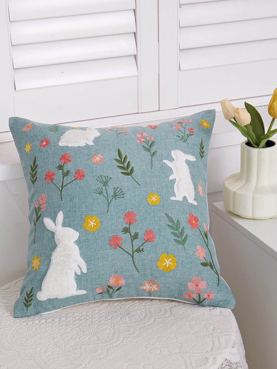 1入組兔子和花卉刺繡靠墊套無填充物化纖裝飾抱枕套適用於客廳家居裝飾