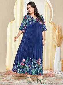 Al Najma Plus Floral Print Pleated Detail Dress - Blue - View 4