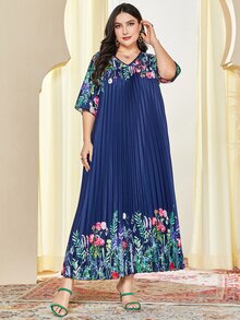 Al Najma Plus Floral Print Pleated Detail Dress - Blue - View 5