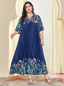 Al Najma Plus Floral Print Pleated Detail Dress - Blue - View 6