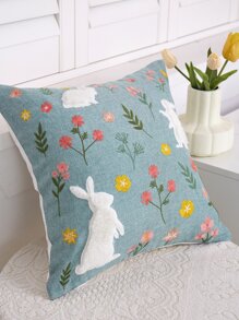 1入組兔子和花卉刺繡靠墊套無填充物化纖裝飾抱枕套適用於客廳家居裝飾