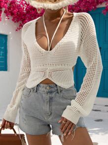 SHEIN VCAY Jersey crop unicolor de punto de malla bajo asimétrico - Blanco - Ver 4