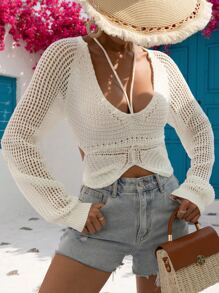 SHEIN VCAY Jersey crop unicolor de punto de malla bajo asimétrico - Blanco - Ver 6