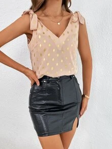 SHEIN Privé Gold Dot Print Tie Shoulder Tank Top - Baby Pink - View 3