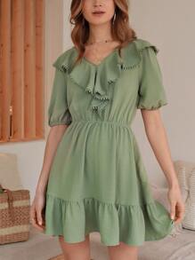 SHEIN Frenchy Đầm Tương phản ren Xù Viên lá sen màu trơn Boho - màu xanh lá - Xem 2