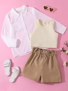 Girls Solid Tank Top & Shorts & Button Up Blouse - Multicolor - View 1