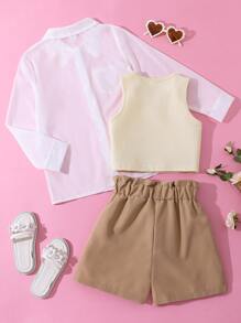 Girls Solid Tank Top & Shorts & Button Up Blouse - Multicolor - View 2