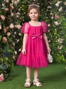 小女童泡泡袖前蝴蝶結荷葉邊網紗覆蓋連衣裙 - 玫紅色 - 查看 3