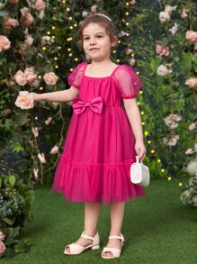 小女童泡泡袖前蝴蝶結荷葉邊網紗覆蓋連衣裙 - 玫紅色 - 查看 5