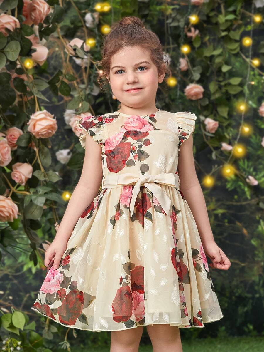 SHEIN Toddler Girls Floral Print Ruffle Trim Belted Dress - Multicolor - View 1