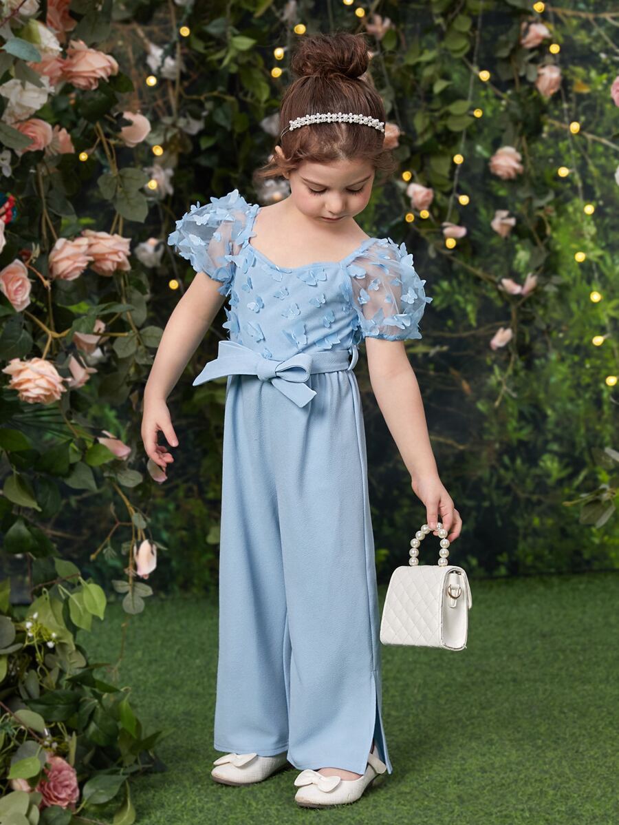 SHEIN Toddler Girls Contrast Mesh Puff Sleeve Split Hem Belted Jumpsuit - Baby Blue - View 1