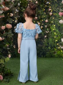 SHEIN Toddler Girls Contrast Mesh Puff Sleeve Split Hem Belted Jumpsuit - Baby Blue - View 2
