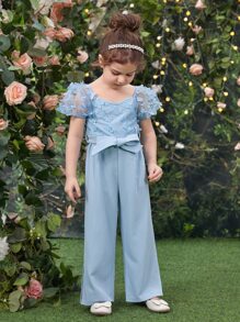 SHEIN Toddler Girls Contrast Mesh Puff Sleeve Split Hem Belted Jumpsuit - Baby Blue - View 3