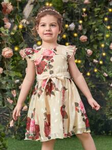 SHEIN Toddler Girls Floral Print Ruffle Trim Belted Dress - Multicolor - View 5