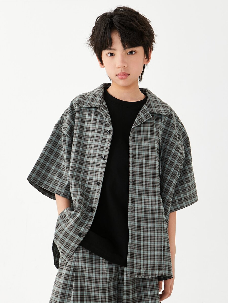男大童青年寬鬆半袖格紋襯衫,韓語風格街舞蹈嘻哈夏天上衣