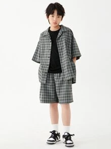 男大童青年寬鬆半袖格紋襯衫,韓語風格街舞蹈嘻哈夏天上衣